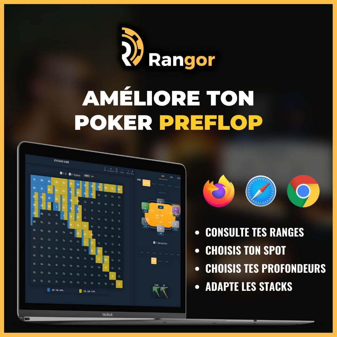 Les séries approchent ! 👊🏼

Profitez-en pour réviser et perfectionner votre jeu préflop avec Rangor. 
En ce moment, vous avez -30% sur tous les packs MTT du 31 août au 14 septembre avec le code :🔹SERIES🔹

Rendez-vous sur rangor.poker 😊
