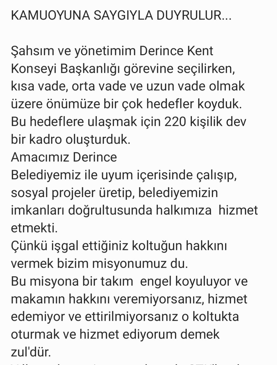 KentDerince's tweet photo. Derince Kent Konseyi Başkanımız 
Görevini bırakmıştır açıklama aşağıda yer almaktadır 
Saygılarımızla kamuoyuna duyurulur.. https://t.co/U72t53x0IQ