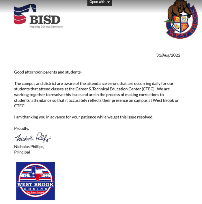 Attendance Issues: Both West Brook and District are working to resolve them.