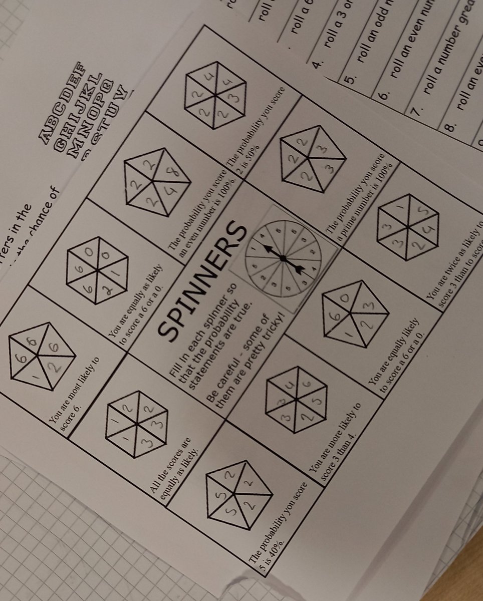 BucksburnMaths's tweet photo. A number of different probability tasks with #s2maths today. A new colour coded task to add to the spinner collection and some #donsteward probability line tasks too. https://t.co/wAIP3nPvMY