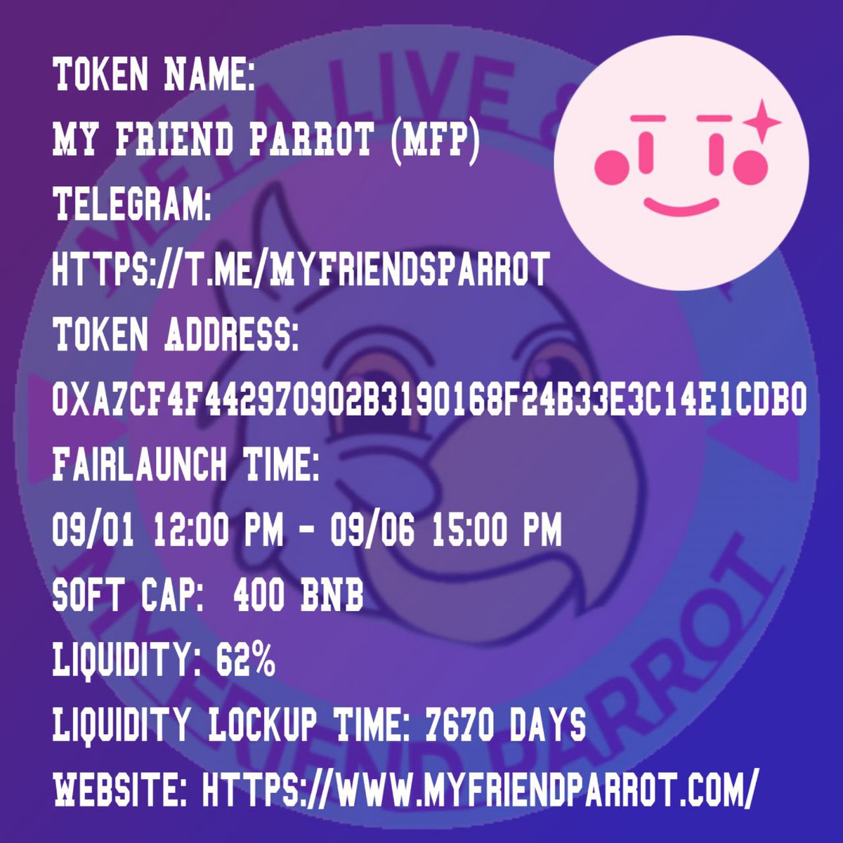 myfriendparrott's tweet photo. Starting MFP 🚨🦾MFP & Pinksale🦾
#NFT #NFTs #NFTCommunity #Web3 #NFTart #NFTproject #Pinksale #binance #BinanceNFT #MFP #MYFRIENDPARROT #LIVECAME #liveChat https://t.co/JpMPjZVfFe