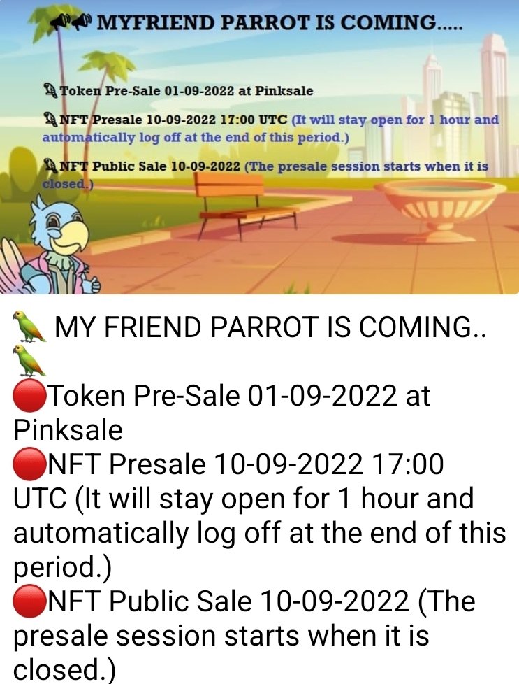 myfriendparrott's tweet photo. Starting MFP 🚨🦾MFP & Pinksale🦾
#NFT #NFTs #NFTCommunity #Web3 #NFTart #NFTproject #Pinksale #binance #BinanceNFT #MFP #MYFRIENDPARROT #LIVECAME #liveChat https://t.co/2FCYFWYENf
