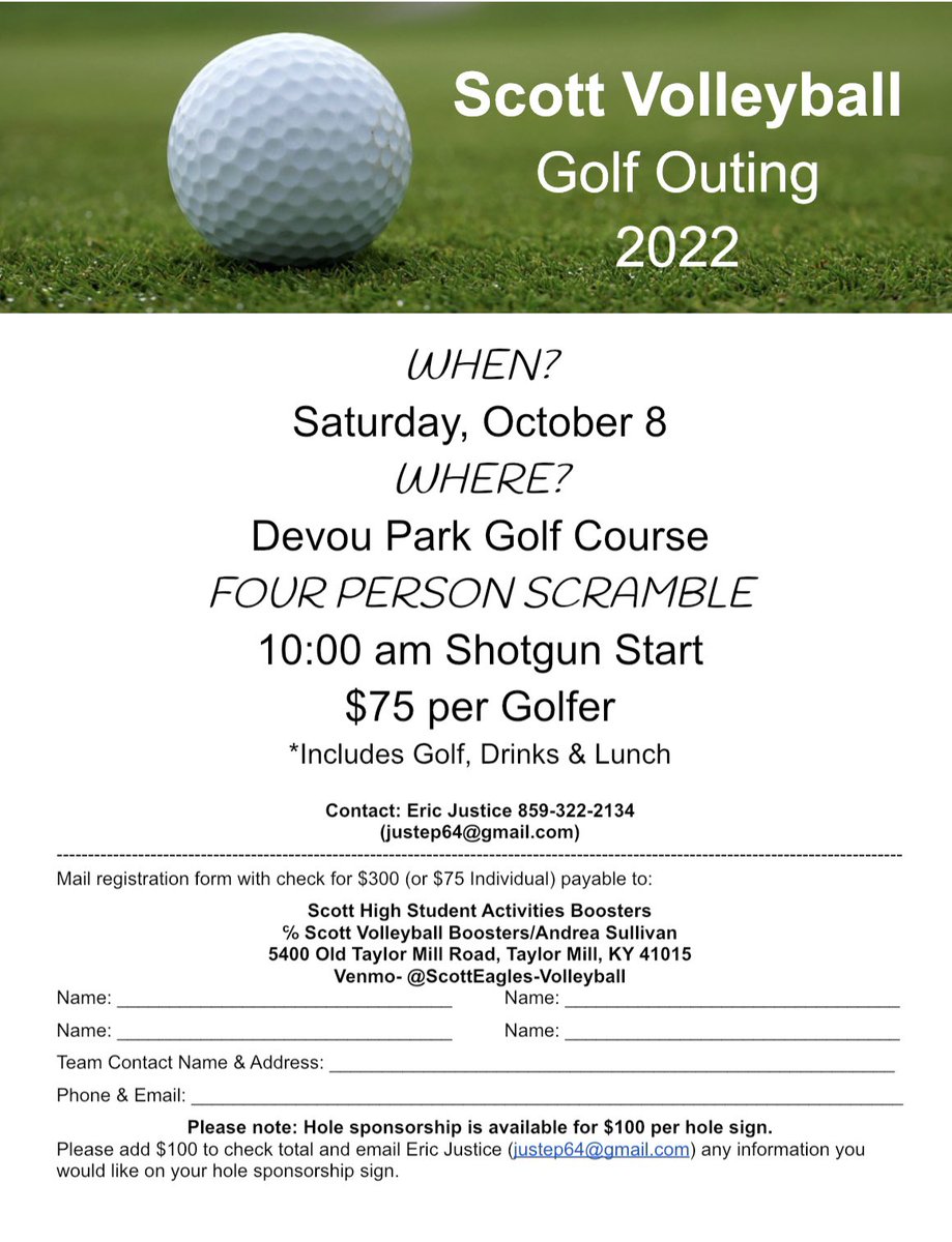 Calling all golfers! Join us for our annual Scott Volleyball Golf Outing on Saturday, October 8. 10:00AM shotgun start at Devou Park Golf Course!⛳️🏌🏼‍♂️