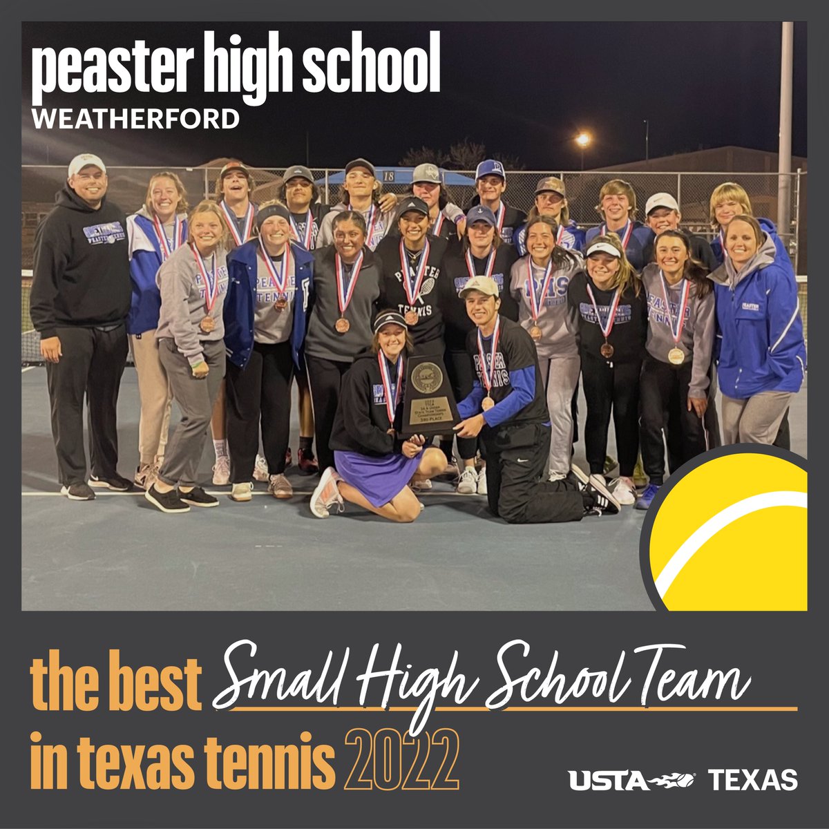 USTATexas's tweet photo. Congratulations to the 2022 Best Small High School Team in Texas Tennis! #BOTT22
🥇 Winner: Peaster High School @PeasterTennis (Weatherford) 
🥈 Runner-Up: Academy High School @LRAcademyTennis (Little River Academy) https://t.co/FFfHcgaTPA