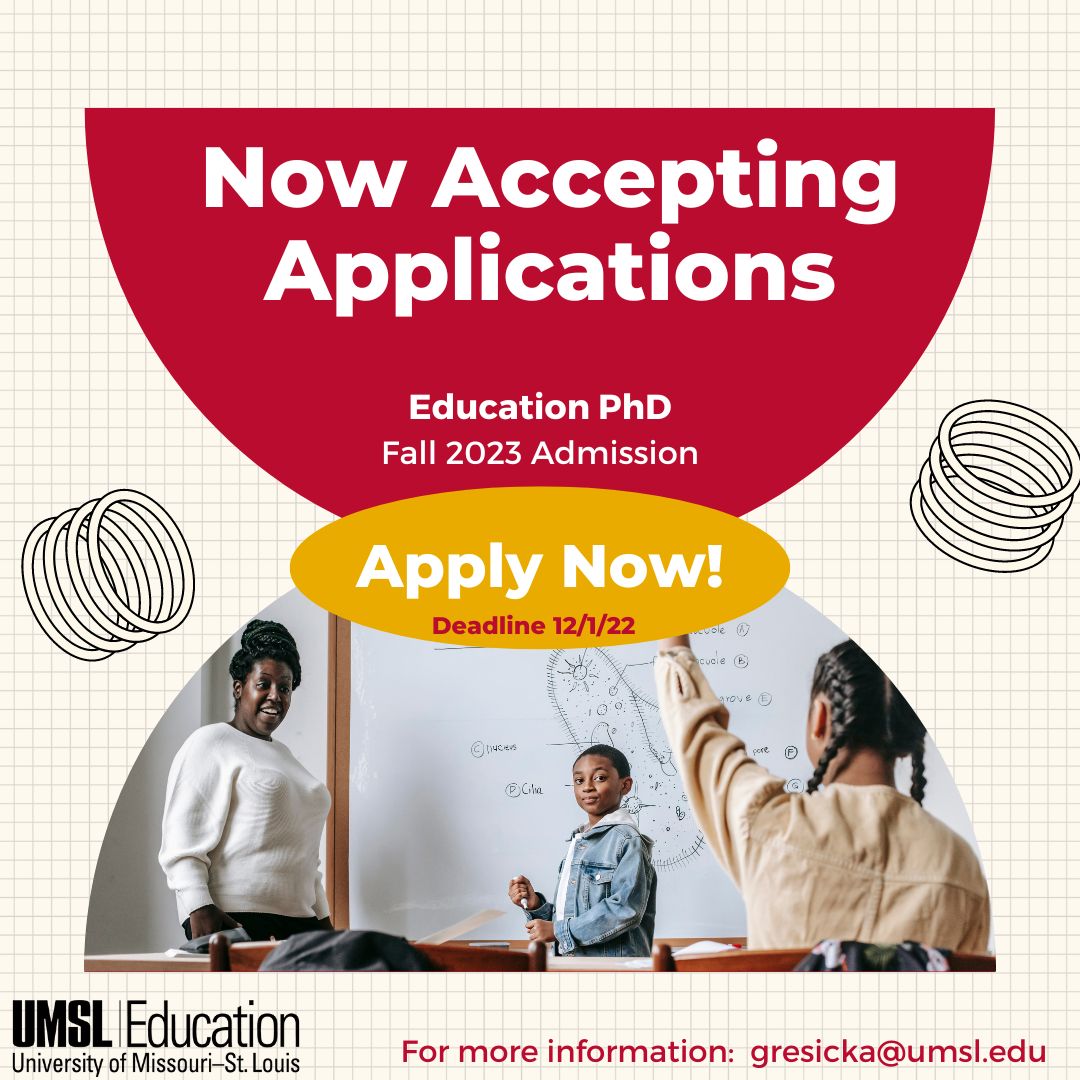 UMSLCOE's tweet photo. Ever dreamed about a career inspiring future educators as a college professor or researcher? Consider applying to our @UMSL #EducationPhD program! We're now accepting applications for Fall 2023. More info: https://t.co/E85kN7lgjJ
#EducationDoctoralPrograms #PhDPrograms https://t.co/TpWOefmISn