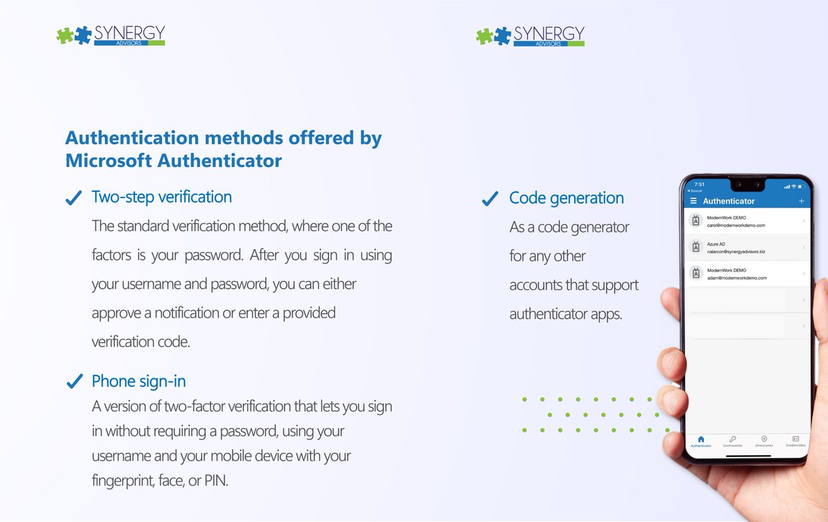 SynergySEC's tweet photo. Microsoft Authenticator App is another of the #ModernAuthentication 🔒technologies, which offers you a wide range of flexible multi-factor authentication methods, such as text messages, calls, biometrics, and unique access codes.
#WeAreSynergy #MicrosoftAuthenticato https://t.co/iZ3ip3ldUH