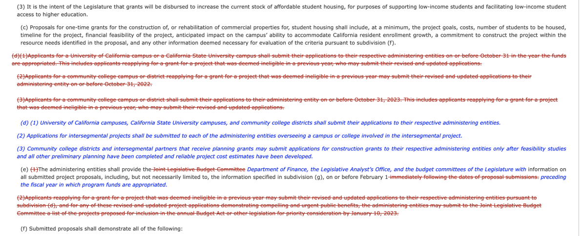 mzinshteyn's tweet photo. The new higher-ed "trailer" bill, #AB190, fixes text on the student housing grants. A July law inadvertently blocked UC +CSU from applying for new grant $ this year, as I reported. https://t.co/OwJFDbyPzC. #AB190 changes the application rules, so UC/CSU can apply anew this year. https://t.co/5Q1kMjUXh5