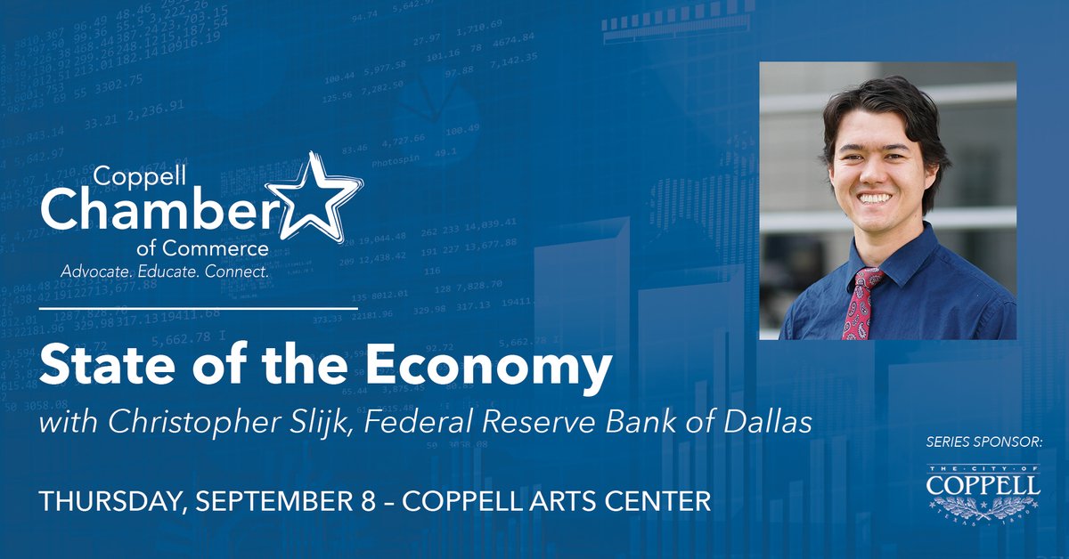 Nervous about what's happening with the economy? Join us for expert analysis next Thursday at the Coppell Arts Center. $25/person includes lunch from <a href="/jMacklinsGrill/">J. Macklin's Grill</a>. Tickets at coppellchamber.org! #coppelltx #coppellchamber <a href="/coppellarts/">Coppell Arts Center</a>