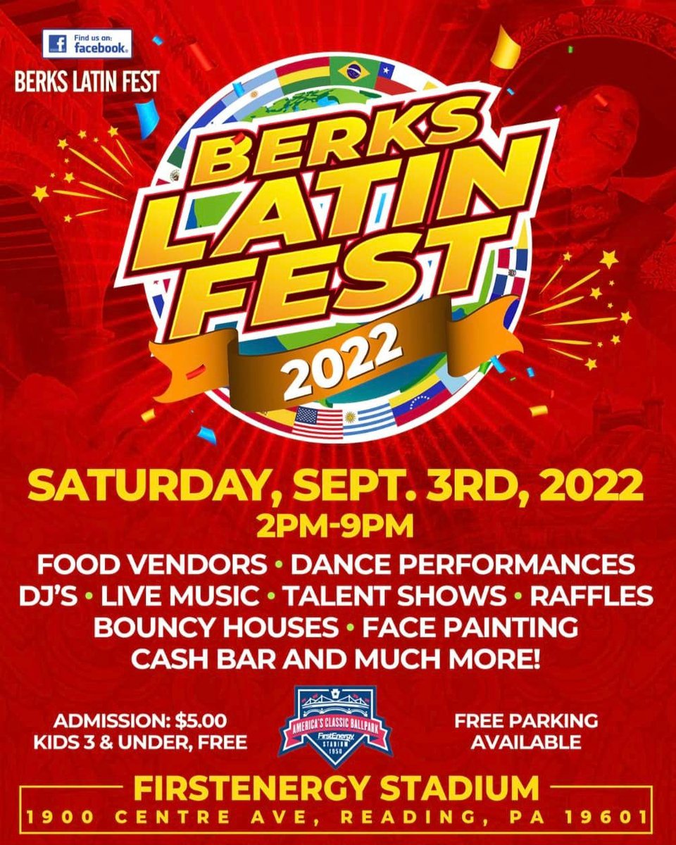 Follow us to Berks Latin Fest!

Join the fun at FirstEnergy Stadium this weekend. We'll have a table set up this Saturday, September 3rd, 2022 from 2-9pm and would love for you and your family to be part of the 3rd Annual Berks Latin Fest. Don’t forget to buy your tickets!