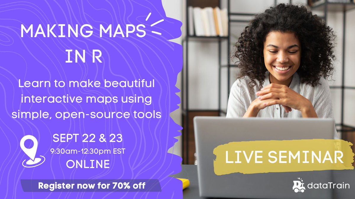 Take your #DataScience skills to the next level 🚀  
Learn to transform your data into beautiful, dynamic maps using R in our fun and interactive 2-morning live seminar. 

Spaces limited! Register now at datatrain.global

#LearntoCode #Rprogramming #maps #GIS #codingisfun