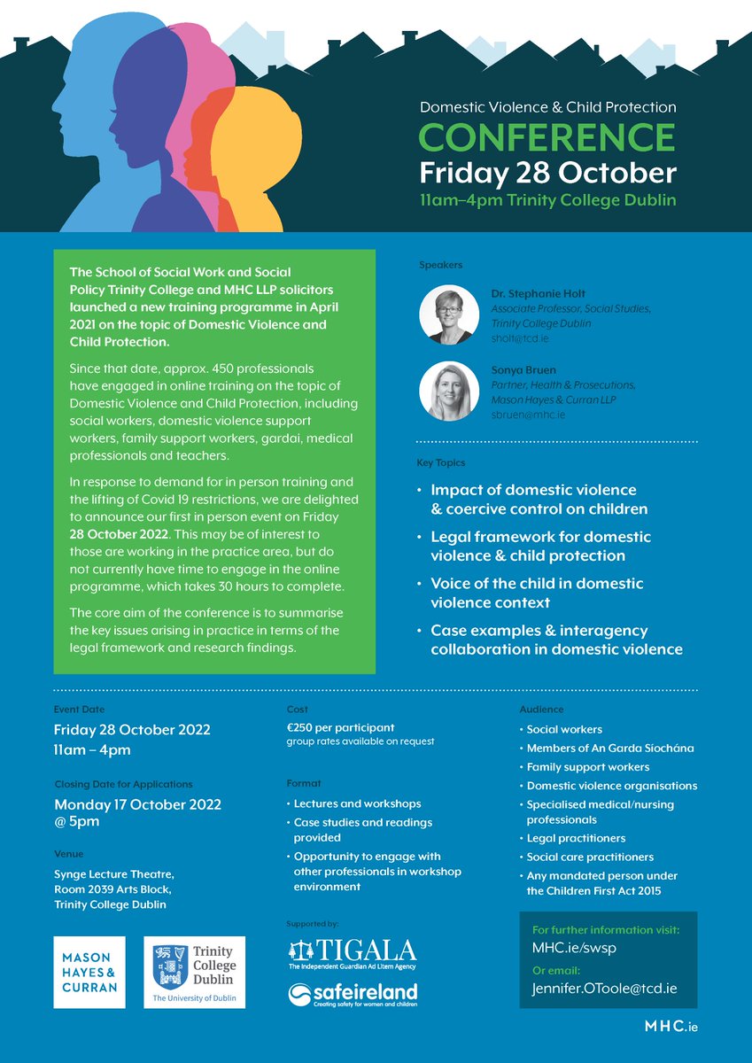 UPCOMING CONFERENCE on Domestic Violence &amp; Child Protection hosted by Stephanie Holt from <a href="/SWSP_TCD/">SWSP_TCD</a> and Sonya Bruen <a href="/MHCLawyers/">Mason Hayes & Curran LLP</a>. tcd.ie/swsp/news-even…