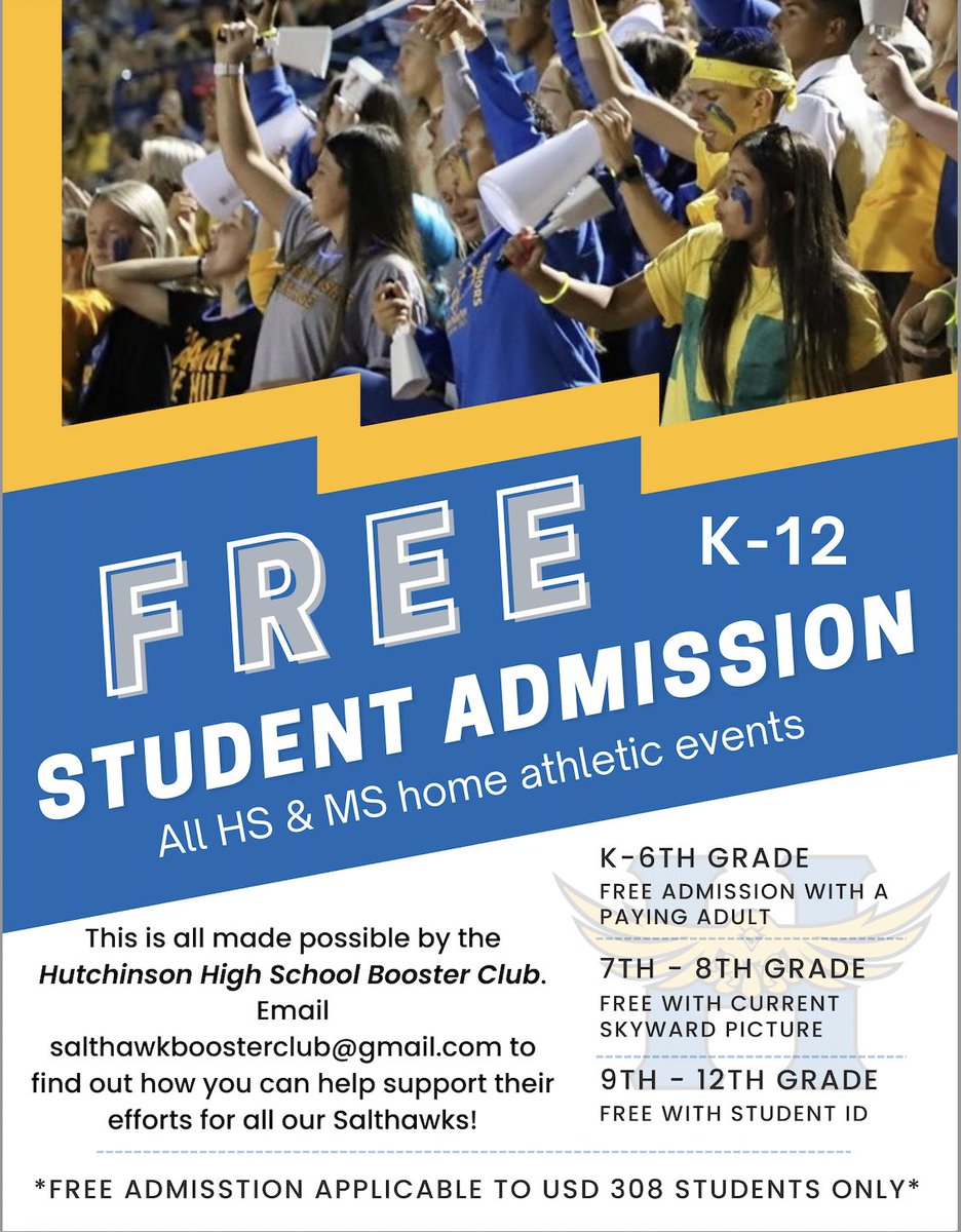Salthawk Parents: USD 308 students now get in FREE to all home Middle & High School athletic events. See the information below. Thank you Dr. Johnson and the Hutch High Booster Club for making this happen. Join the Booster Club to help them support our student/athletes.