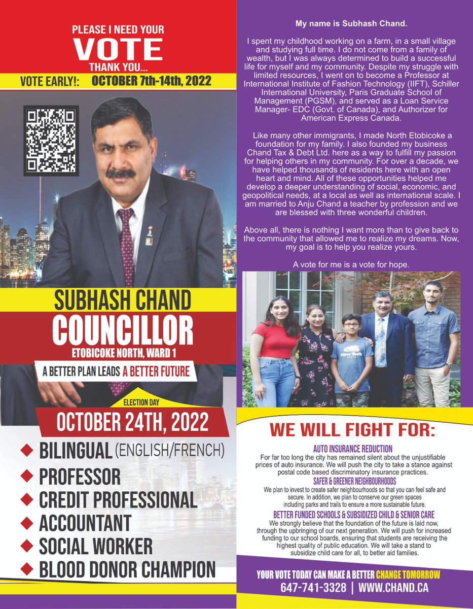 _Subhashchand's tweet photo. #AutoInsuranceReductionsAdvocate #ChampionBloodDonor #EtobicokeNorth #Ward1 #Councillor #Candidate #Professor #CreditProfessional #SocialWorker #Bilingual #SocialWorker https://t.co/7LTRqVPRvx
