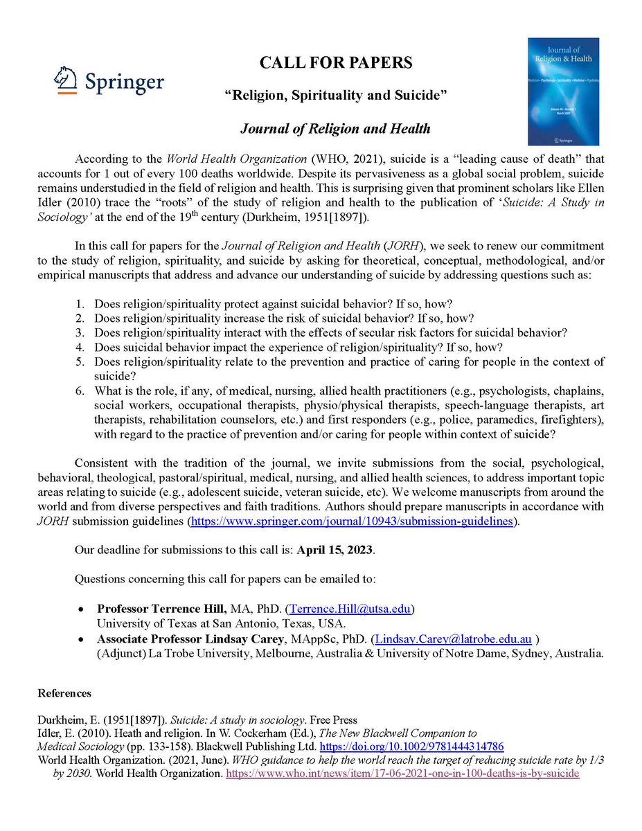 'Religion, Spirituality and Suicide': Journal of Religion and Health CALL FOR PAPERS.