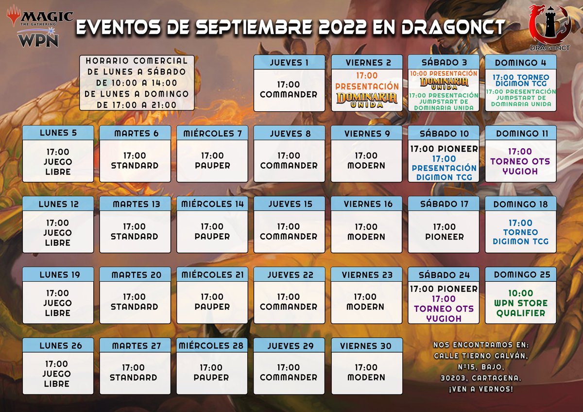 dragonctstore's tweet photo. 🔊¡Aquí tenéis el nuevo calendario del mes de Septiembre 2022! 🎏
✨Múltiples eventos te están esperando✨
¡Ven a vernos!
#MTGDominaria #MTG #DRAGONCT #YuGiOhTCG #digimontcg #Cartagena https://t.co/jsJaEmWBwM