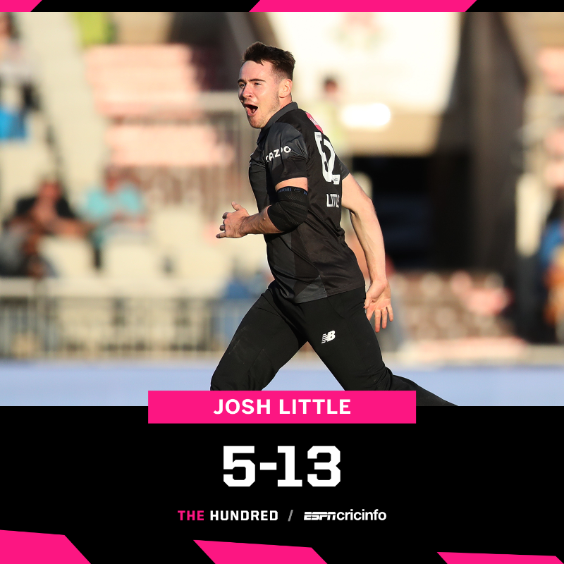 cricinfo's tweet photo. Josh Little records the best-ever bowling figures in the men's Hundred! #TheHundred