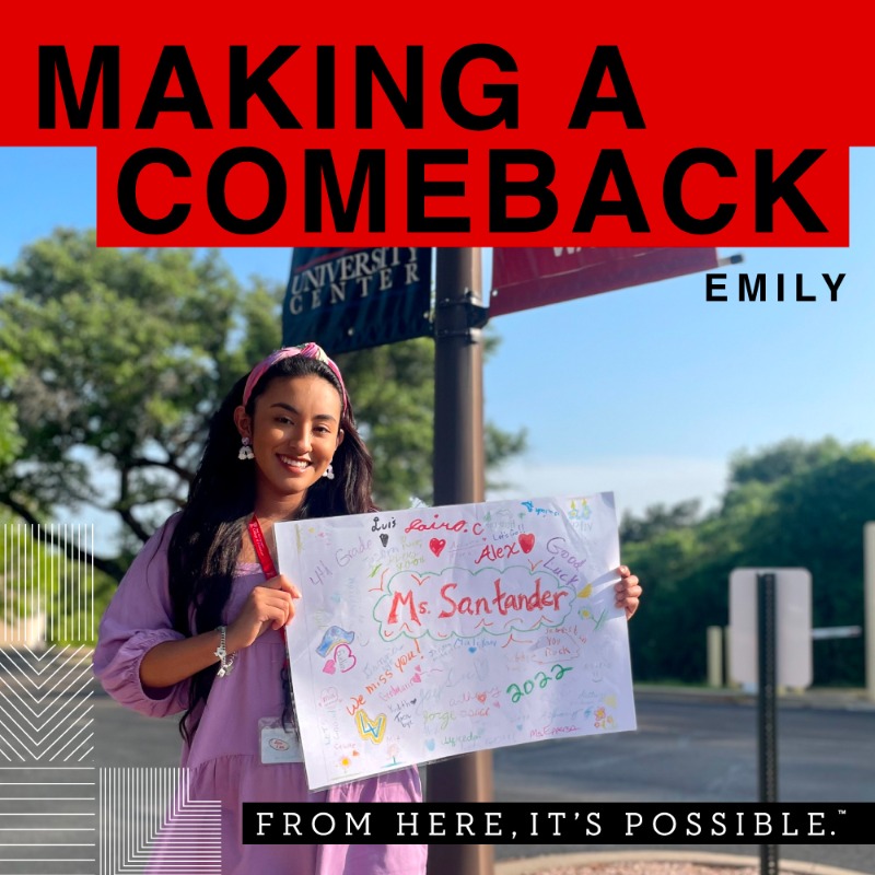 TexasTech's tweet photo. For Emily Santander, making a comeback means going back to first grade.

But her passion for education means she is exactly where she wants to be.