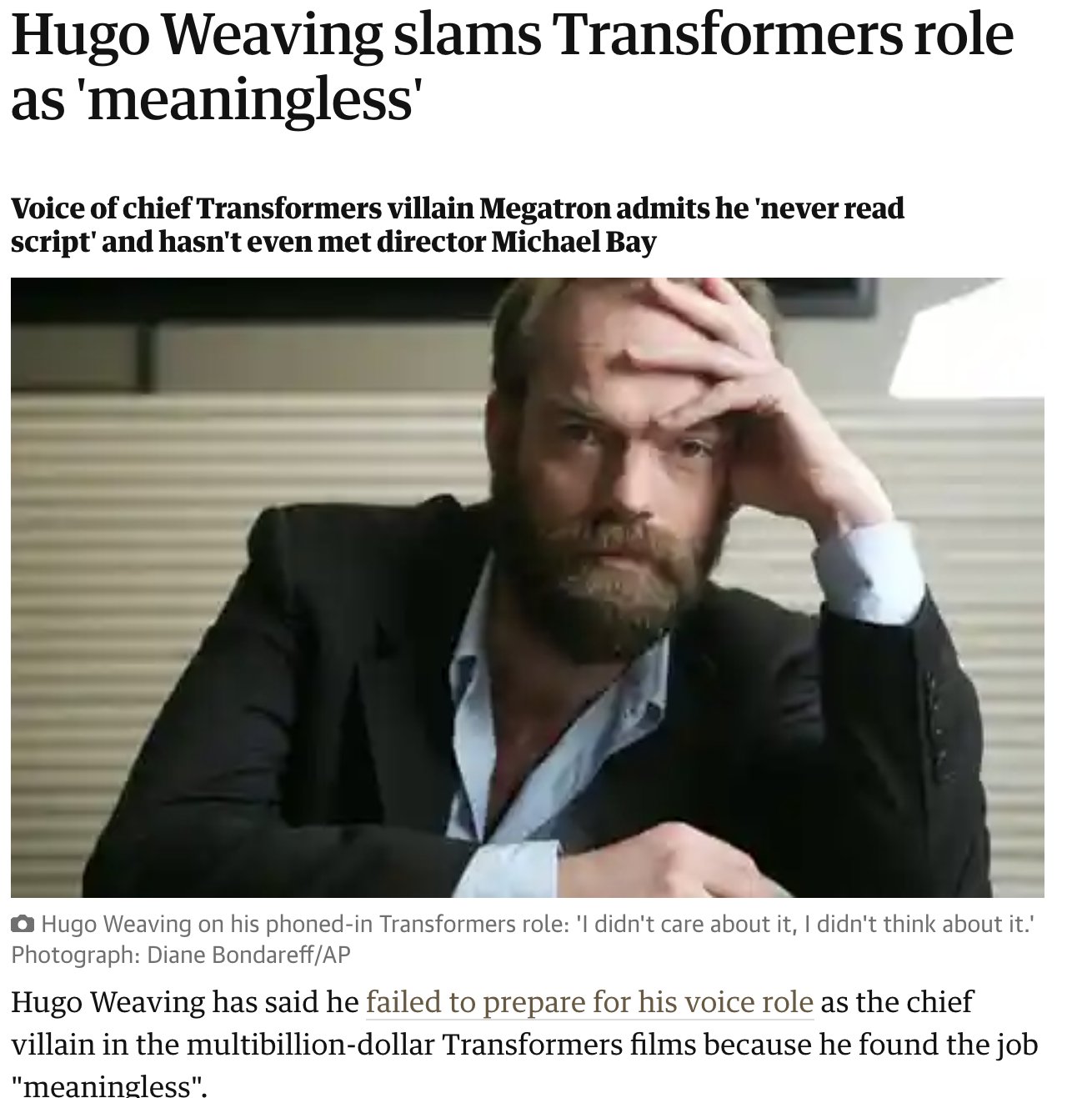 Hugo Weaving Once Called His Work in the 'Transformers' Films 'Meaningless