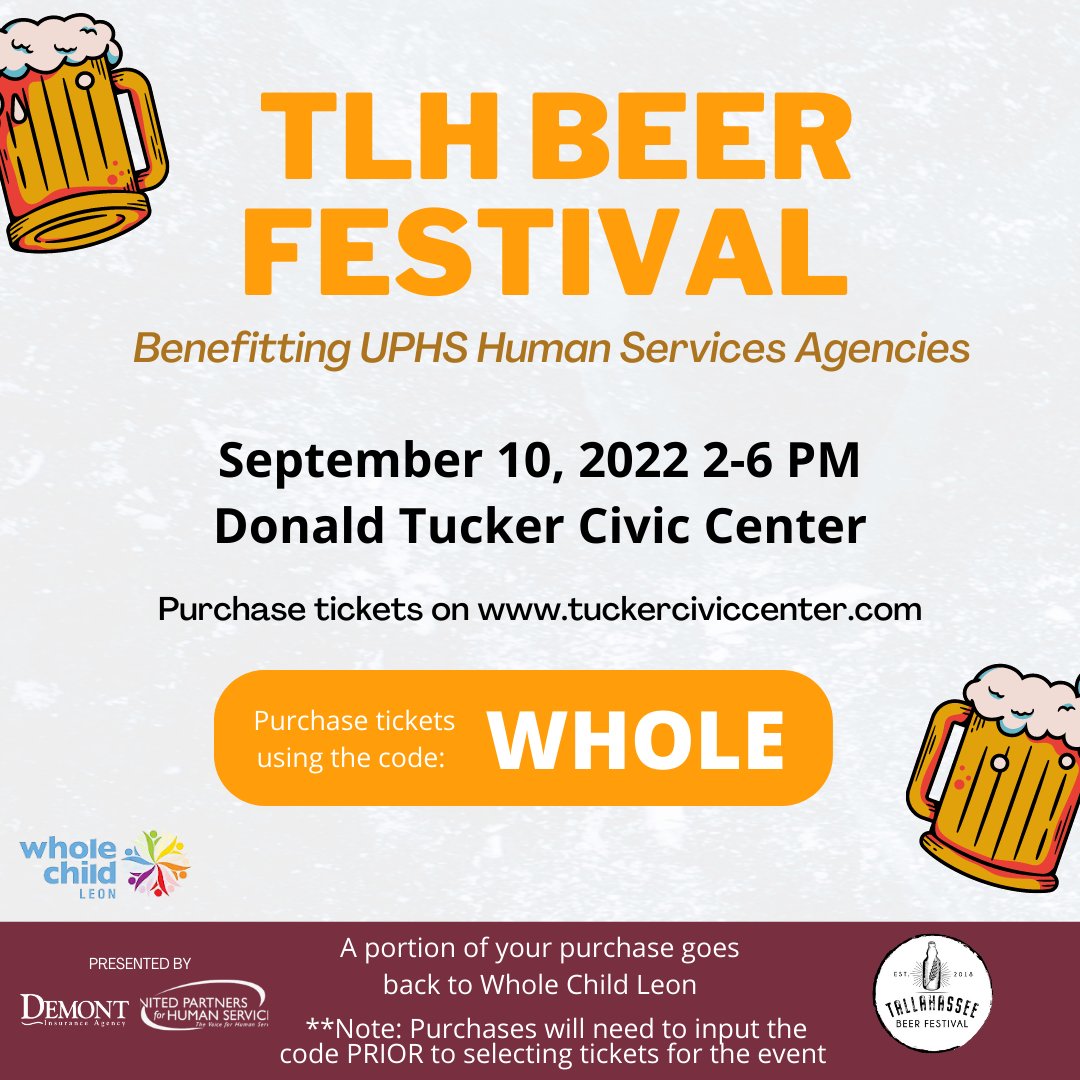It's not too late to purchase your tickets for the Tallahassee Beer Festival on September 10! ⁠
⁠
Use the code WHOLE to benefit Whole Child Leon and help us make a bigger impact! ⁠
⁠
Visit tuckerciviccenter.com to purchase your tickets!