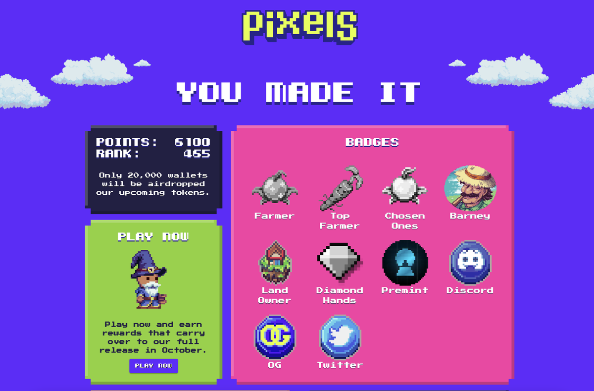 pixels_online's tweet photo. We've been tracking everything since the release of our pre-alpha.

And now we just released our Airdrop Dashboard at https://t.co/yNE2iecFyb

This is a place for players, land owners, and friends to see exactly what their dedication unlocks. https://t.co/izRT0WrV9i