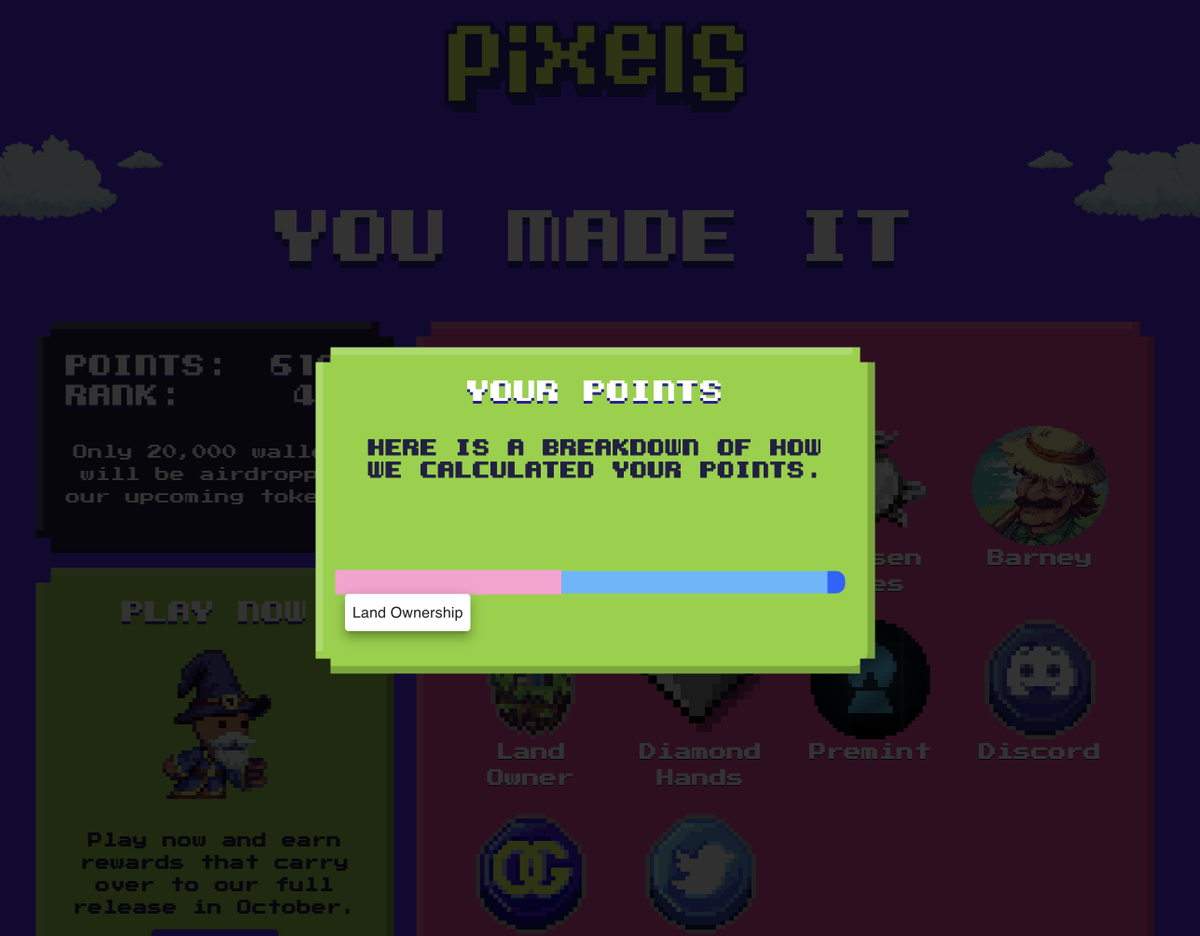 pixels_online's tweet photo. To earn Airdrop Points you can:

🏝️ Own our NFT - Pixels Farm Land
🧑‍🌾 Play our game
🏆 Earn Badges https://t.co/EQhen8rmYO