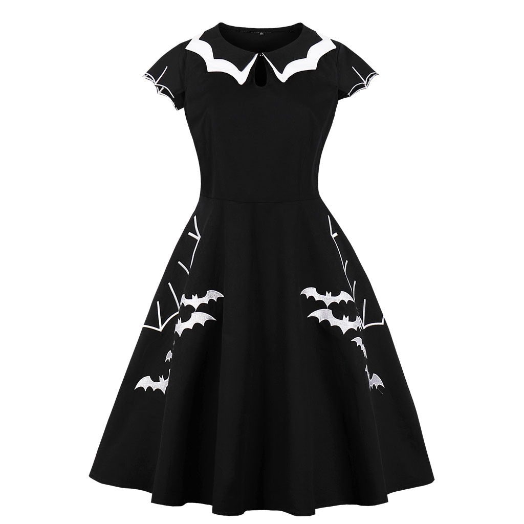 GothMall's tweet photo. The Bat Girl Dress
(㇏(•̀ᵥᵥ•́)ノ)
A vintage psychobilly, 50's retro-look dress with a big swing skirt and the coolest bats print! Subtle sexiness with an edge. 
🦇
#halloweendresses #batstyle #gothdress #gothicdresses #batfashion #halloweendress #batdress #gothmall https://t.co/UJdTj50XbD