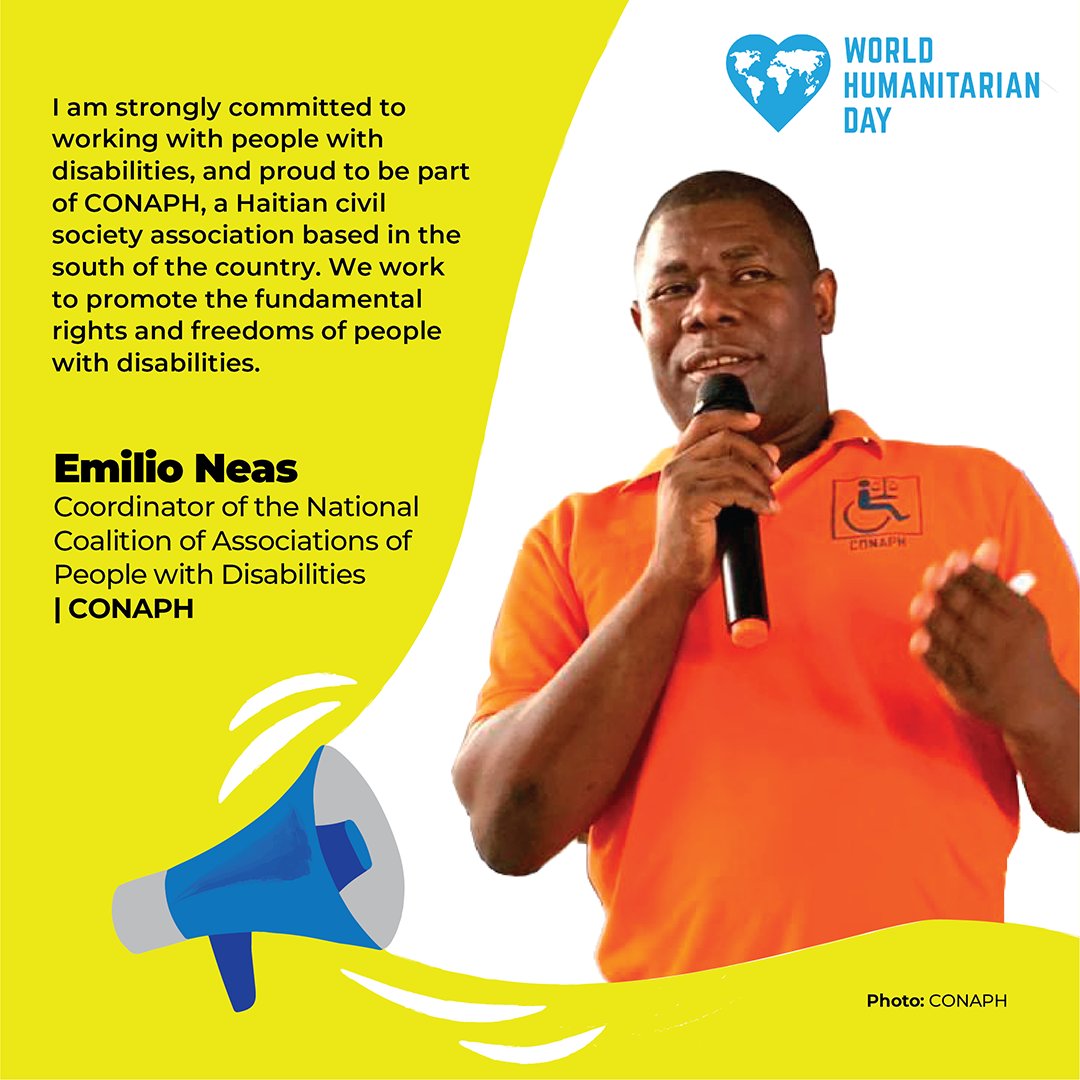 UNOCHA_Americas's tweet photo. 🇭🇹 In #Haiti, more than 10% of the population has a disability, including at least 4,400 people in the communes affected by the earthquake of August 2021.

Emilio from #CONAPH tells us about his work with them.

#ILendMyVoice #DoyMiVoz https://t.co/UDktTqNrVr