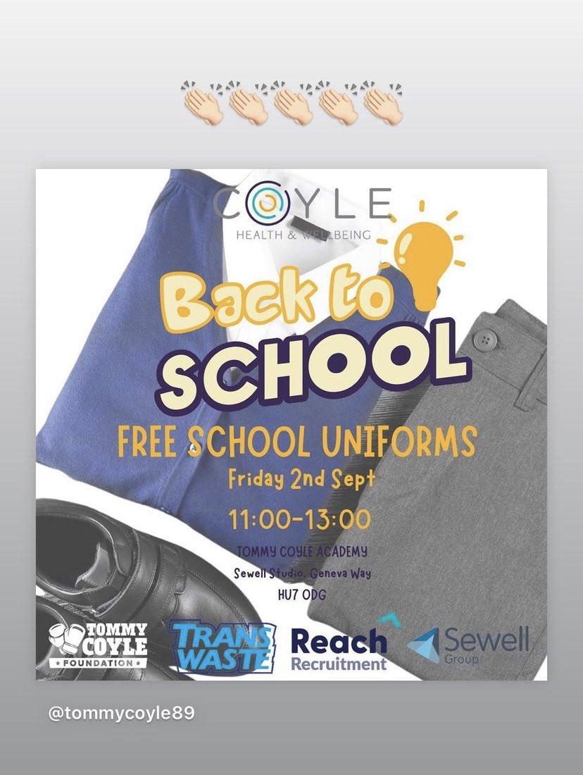 ClaireRhullcc's tweet photo. Spread the word, if families are struggling Free uniforms are on the way check this out 👇Thank you @TommyCoyle89 and other local businesses a great source of support for Hull children and young people. Much gratitude from Hull CYPFS 👏👏👏 https://t.co/NVLZ5A2vL8