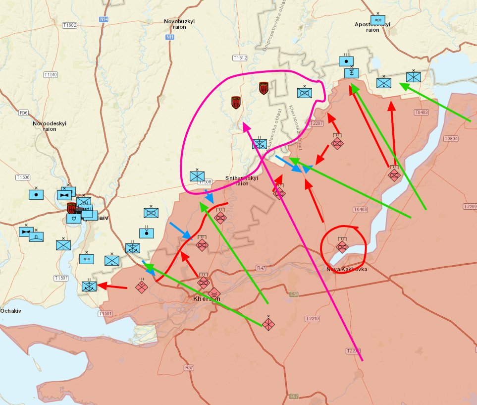 SkySkyf54829's tweet photo. Forgive my Messy map but i am try to explain as much as i can how i see thing happening in the Front of #Kharson the Purple arrow are the work of the SU-25
the Green are the strike of Artillery and the red are the attack and renforcement of Ru
the bleu are ukrainien move so far https://t.co/GgPyr5Dztq