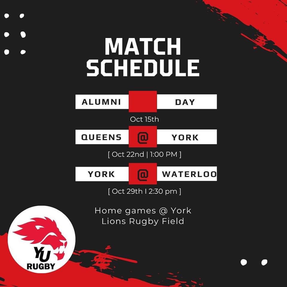 YorkU Men's RFC Alumni (@yorkmensrfcalum) on Twitter photo 2022 <a href="/yorkulions/">York Lions</a> <a href="/YorkLionsRFC/">York Lions mens rugby</a> Schedule has been released!! <a href="/YorkUAlumni/">York U Alumni</a> Day returns, on Saturday, October 15!! 2022 <a href="/yorkulions/">York Lions</a> <a href="/YorkLionsRFC/">York Lions mens rugby</a> Schedule has been released!! <a href="/YorkUAlumni/">York U Alumni</a> Day returns, on Saturday, October 15!!