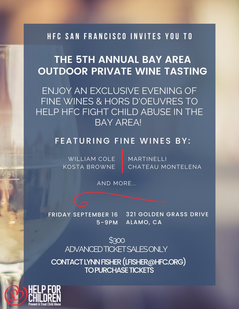 Help For Children (@hfcglobal) on Twitter photo HFC SF & Bay Area: Join us for an exclusive outdoor private wine event in Alamo.
Limited availability. E-mail Lynn Fisher (lfisher@hfc.org) for tickets. HFC SF & Bay Area: Join us for an exclusive outdoor private wine event in Alamo.
Limited availability. E-mail Lynn Fisher (lfisher@hfc.org) for tickets.