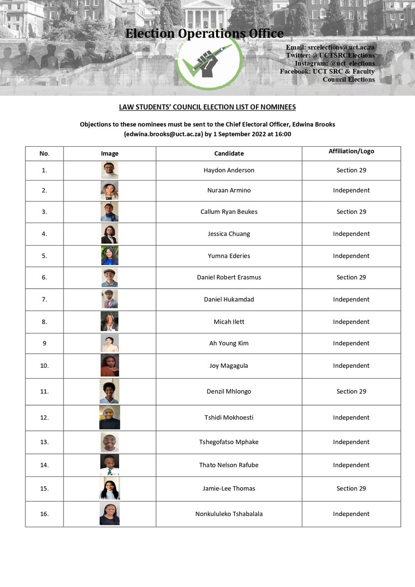 #UCT Law students please note that the Provisional Nominations List for LSC 2022  is now out. Please note following: 
The objections  period  to the nominations closes 1 September 2022, 16:00. 
#UCTElection2022 <a href="/UCT_LSC/">UCT LSC</a> #IgniteYourRight