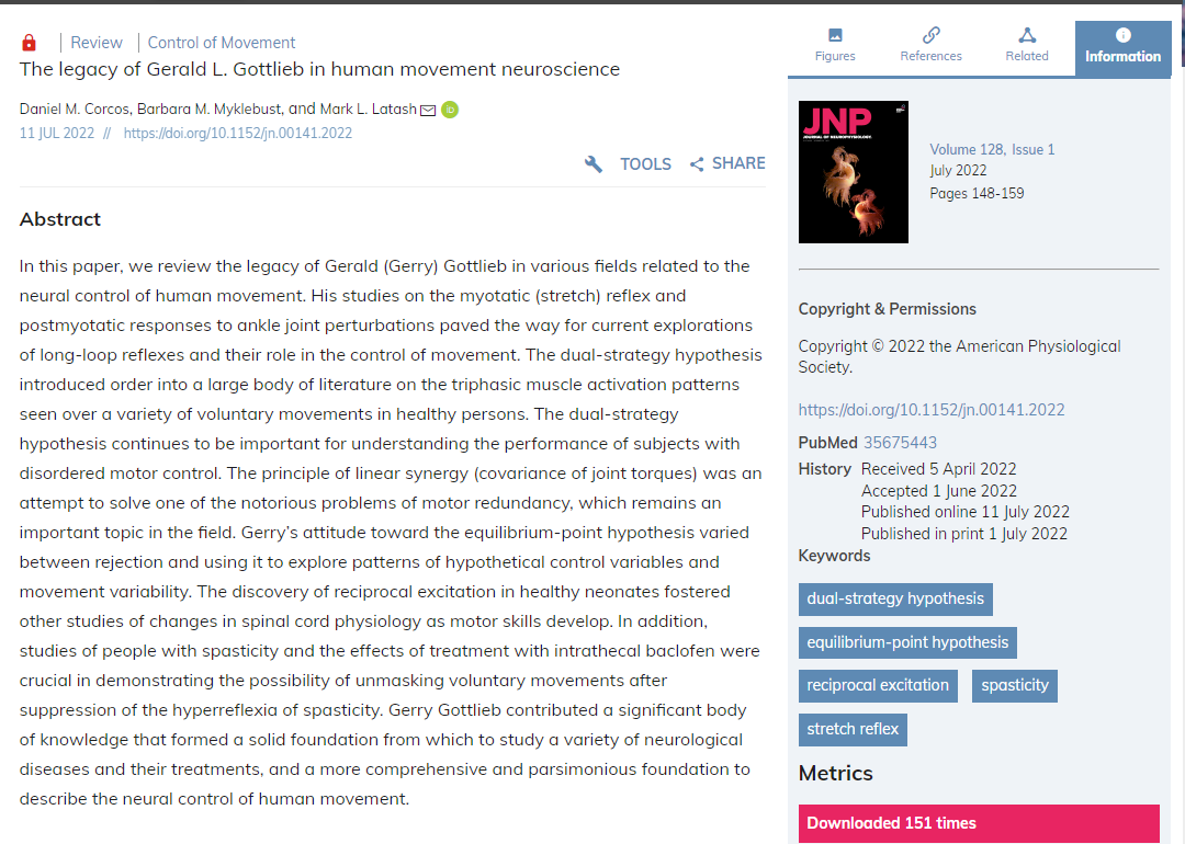 JNeurophysiol's tweet photo. In this paper the authors (Daniel M. Corcos, et al) review the legacy of Gerald (Gerry) Gottlieb in human movement and #neuroscience
https://t.co/Cyh6vc0r8P
#StretchReflex #JointTorque #ReciprocalExcitation #spasticity #JNeurophsyiol #AcademicTwitter https://t.co/kpY8xlxQD9