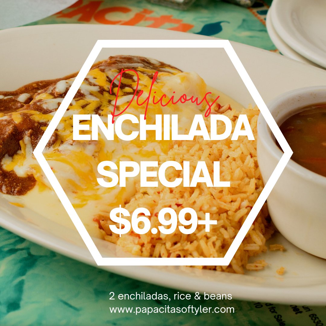 PapacitasTyler's tweet photo. ENCHILADA WEDNESDAY!  #PAPACITAS #EATLOCAL #homemadetexmex #TYLERTX #fajitas #frozenmargarita https://t.co/nlXhxgGez6