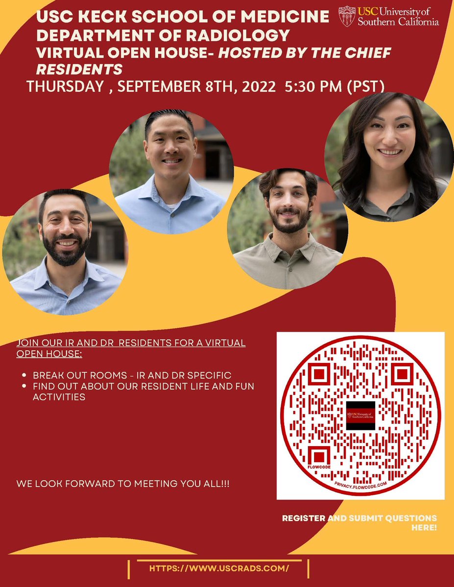Want to learn more about our DR and IR programs at USC? Join us next Thursday, September 8th for an overview and chance to speak to our residents! Use the link in the flyer to register and submit questions! @RadiologyUSC @USC_IR #radres #futureradres #match2023 #uscrad
