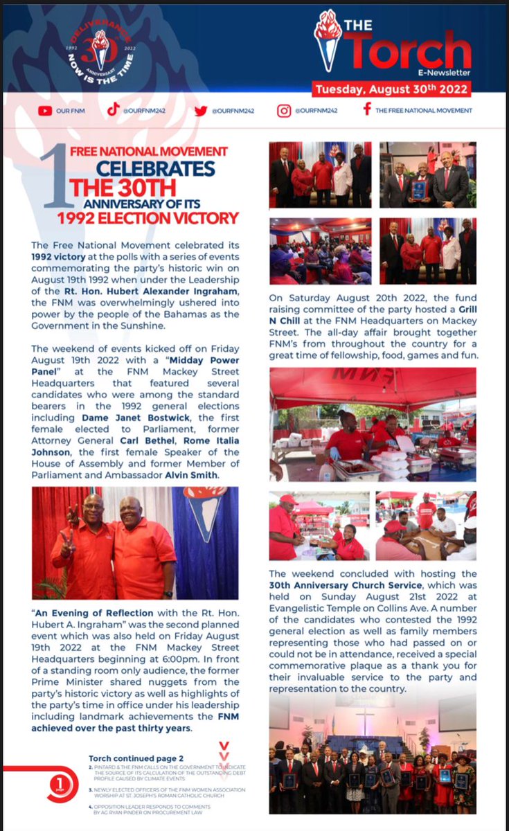PintardMP's tweet photo. It's a pleasure to share this month's FNM newsletter. It highlights some of the inter-workings of our party as we celebrate 30 years since our historic 1992 victory and some of our concerns with the present administration. https://t.co/e3NWWGqRR7