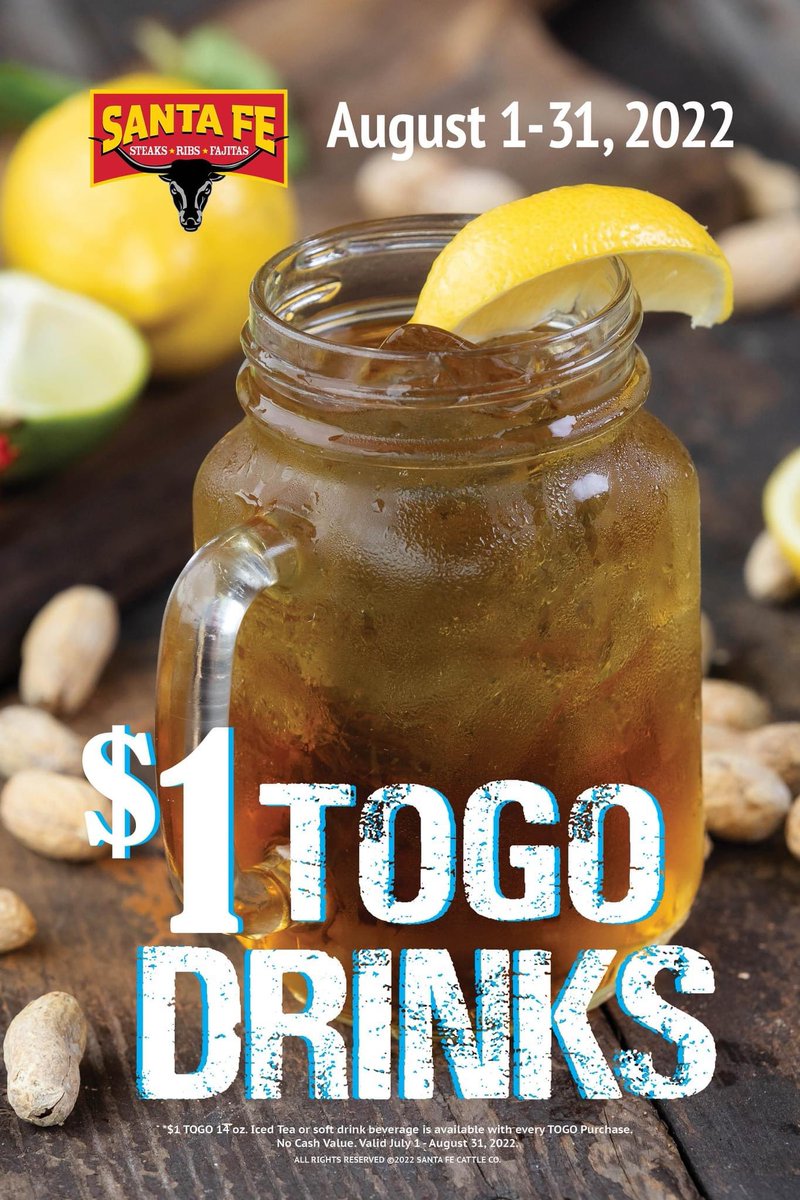 santafecattle's tweet photo. Looking at ordering To-Go today? It's the last day of our $1 To-Go drink special, so make sure to take advantage of this sweet deal when ordering! 🍹

*Red Neck Iced Tea is not included in the $1 promotion, BUT it is $3 everyday, all-day.

#1Dollar #1DollarDrinks #SFCC https://t.co/WSkN4tAYBe