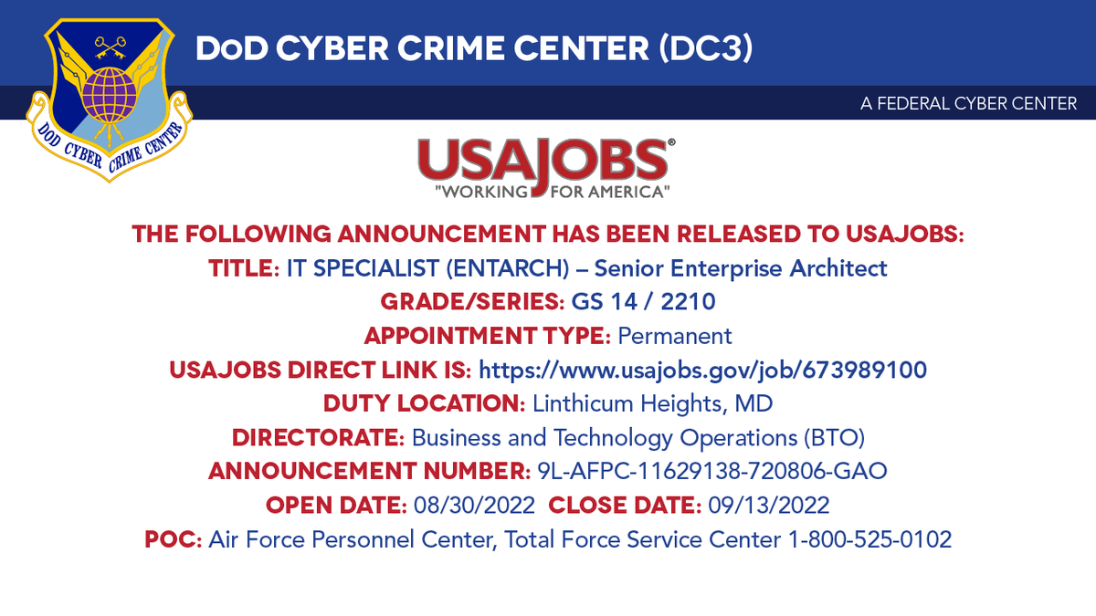 DC3Forensics's tweet photo. Now is your chance to join the DC3 team! Currently hiring a Senior #Enterprise Architect. Qualified candidates are encouraged to apply @USAJOBS.
#nowhiring #cyber #federalservice #InformationTechnology https://t.co/XwQyWfv5WY