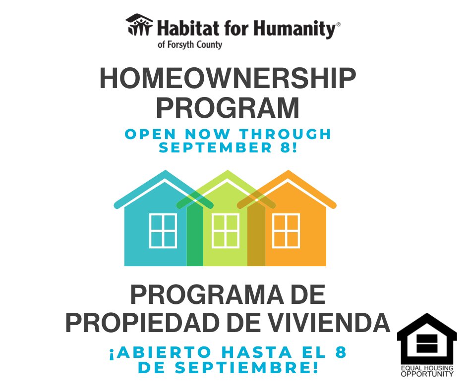 Habitat for Humanity of Forsyth County's homeownership program is open to applicants now through September 8.
Head to habitatforsyth.org to:
🏠Learn about the Homeownership Program
✍️Sign up for an orientation
📃Submit your mini-application (deadline of September 8!)