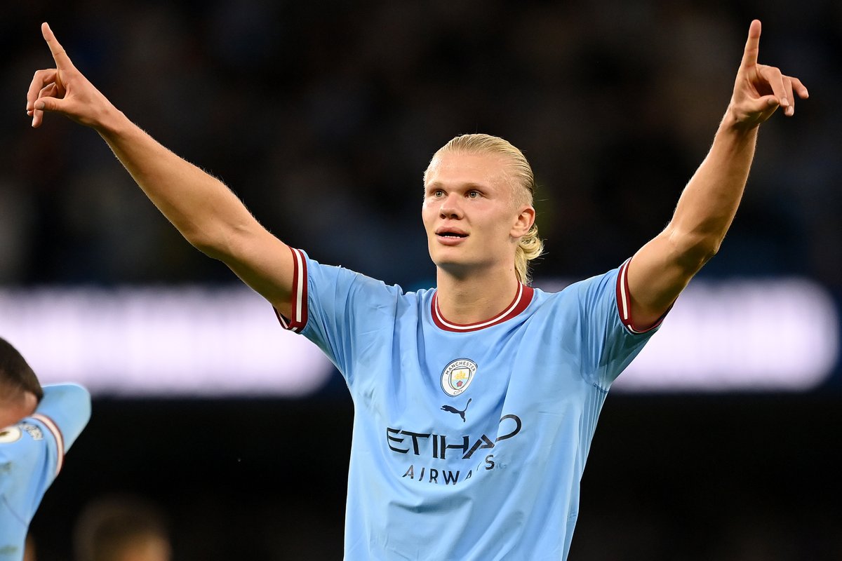 premierleague's tweet photo. Erling Haaland is taking the #PL by storm! ⚡️

Nine goals (so far!) in his first five matches, including two hat-tricks!

@erling | @ManCity | #MCINFO https://t.co/fU4cieuGU2