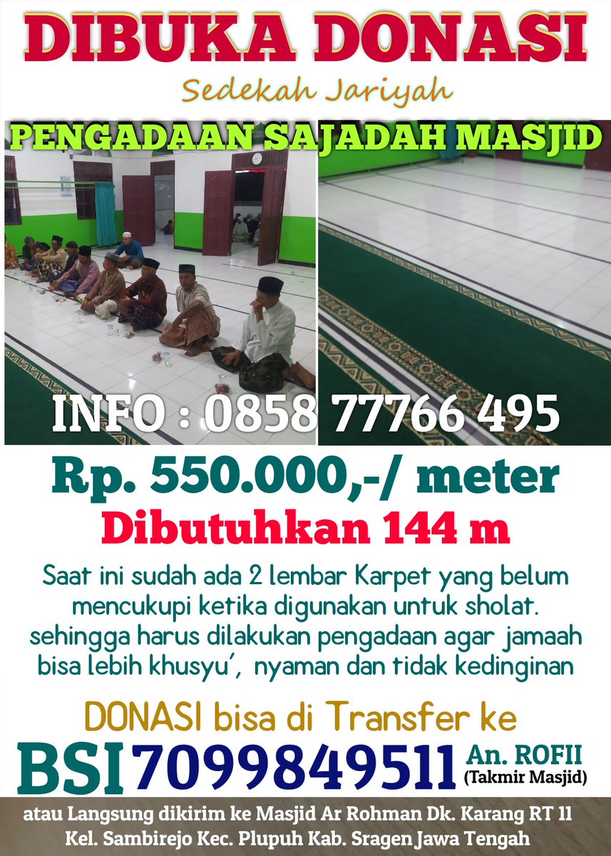 rofi_amd's tweet image. Bismillah peluang amal jariyah untuk bapak ibu semuanya... Pengadaan sajadah Masjid Ar Rohman di Sragen Jawa Tengah..