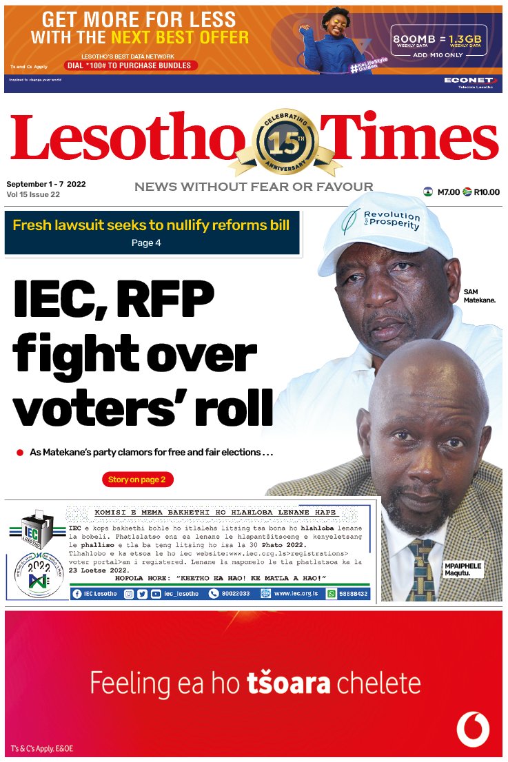 Your #LesothoTimes frontpage. Grab your copy. Available on the streets, leading shops and service stations nationwide. #Lesotho #LesothoNews