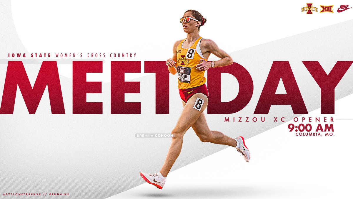🚨 MEET DAY 🚨

🏃‍♂️ Mizzou XC Opener 
⌚ Men: 8:30 AM; Women: 9 AM
📍 Columbia, Missouri
🏟️ Gans Creek Cross Country Course
💻 ❌
📊 bit.ly/3cDC9ph

#CycloneSZN #Run4ISU