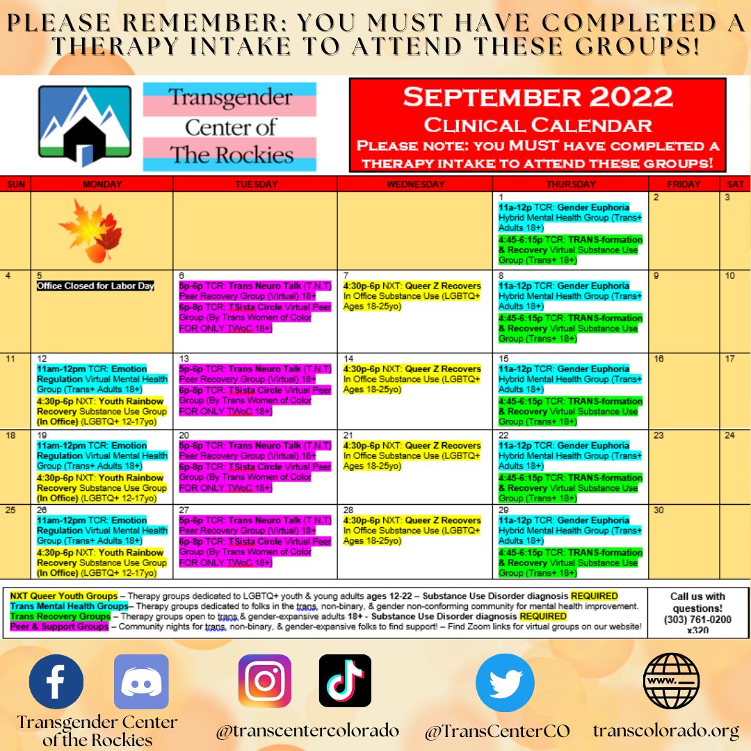 TransCenterCO's tweet photo. Check out our September calendar!! 🤩🏳️‍⚧️✨ We’re so excited to share this month’s events and services- stay tuned for more info! #TransgenderCenterOfTheRockies https://t.co/Ho6wzbSN9b