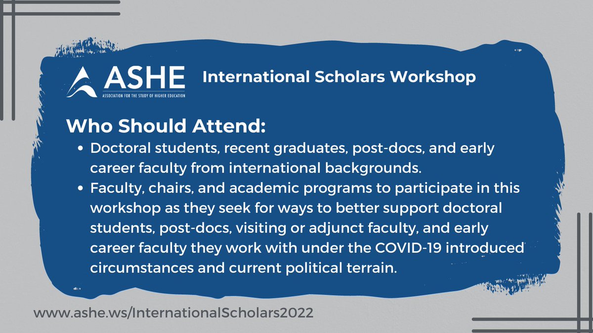 ASHEoffice's tweet photo. The #ASHE2022 International Scholars Workshop, in alignment with the conference theme, hopes to humanize international higher education by genuinely supporting international scholars and building a warm community. For more information &amp; to register, visit: https://t.co/Oy8guaL1UL https://t.co/ekR2d3vpOA