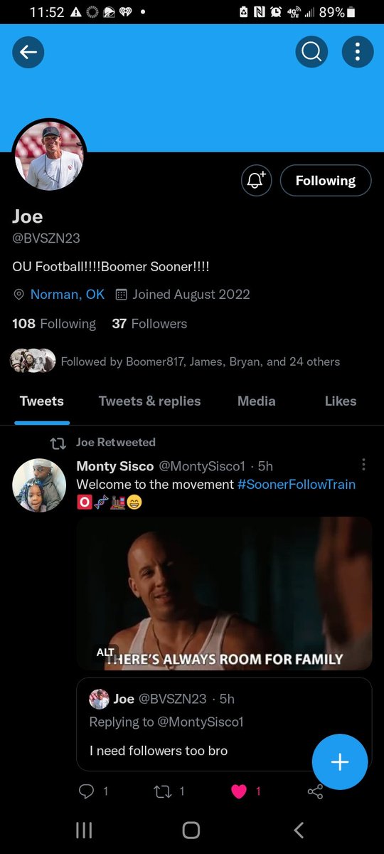 BoomerShupe99's tweet photo. #SoonerNation @BVSZN23 needs your help! Go follow for follow back and Retweet please! @marykaydeb2001 you got this? #NewFollowerAlert #BoomerSooner ๐ฃ https://t.co/TSyr6u0rSf