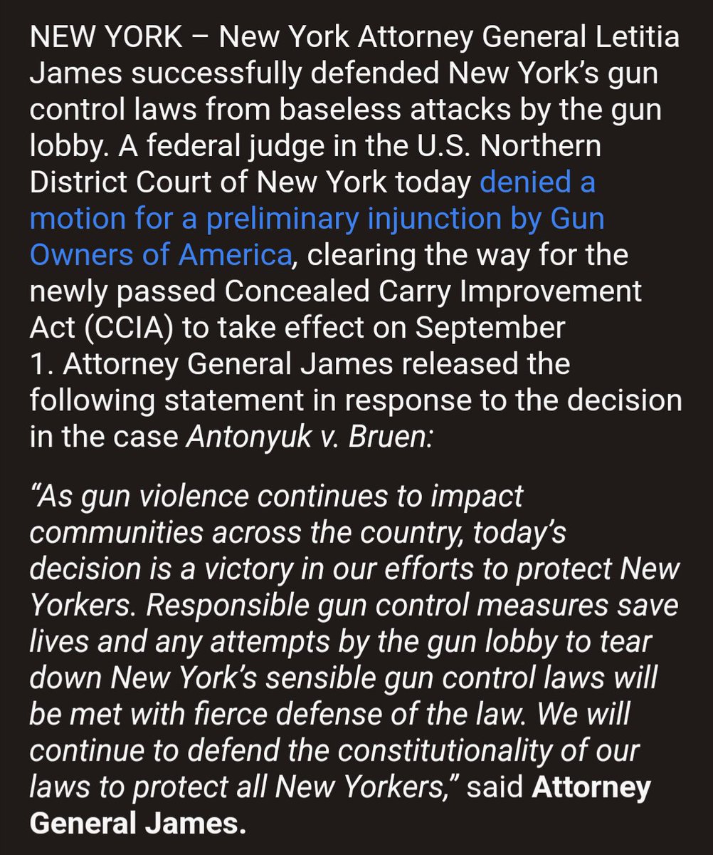 New: A federal judge has rejected an effort to strike down the state's new concealed carry gun laws, says @NewYorkStateAG @TishJames