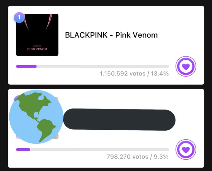 TheBlinkFanbase's tweet photo. VOTE EN MUBEAT📥 
!Necesitamos aumentar la brecha¡

BP    : 1.150.592 🔺
k***** : 798,270

Diferencia: 300k
TERMINA DENTRO DE 1 HORA Y 30 MINUTOS

I'm voting for #PinkVenom by #BLACKPINK as My Trending Song Choice. https://t.co/Slm2nVvpp8