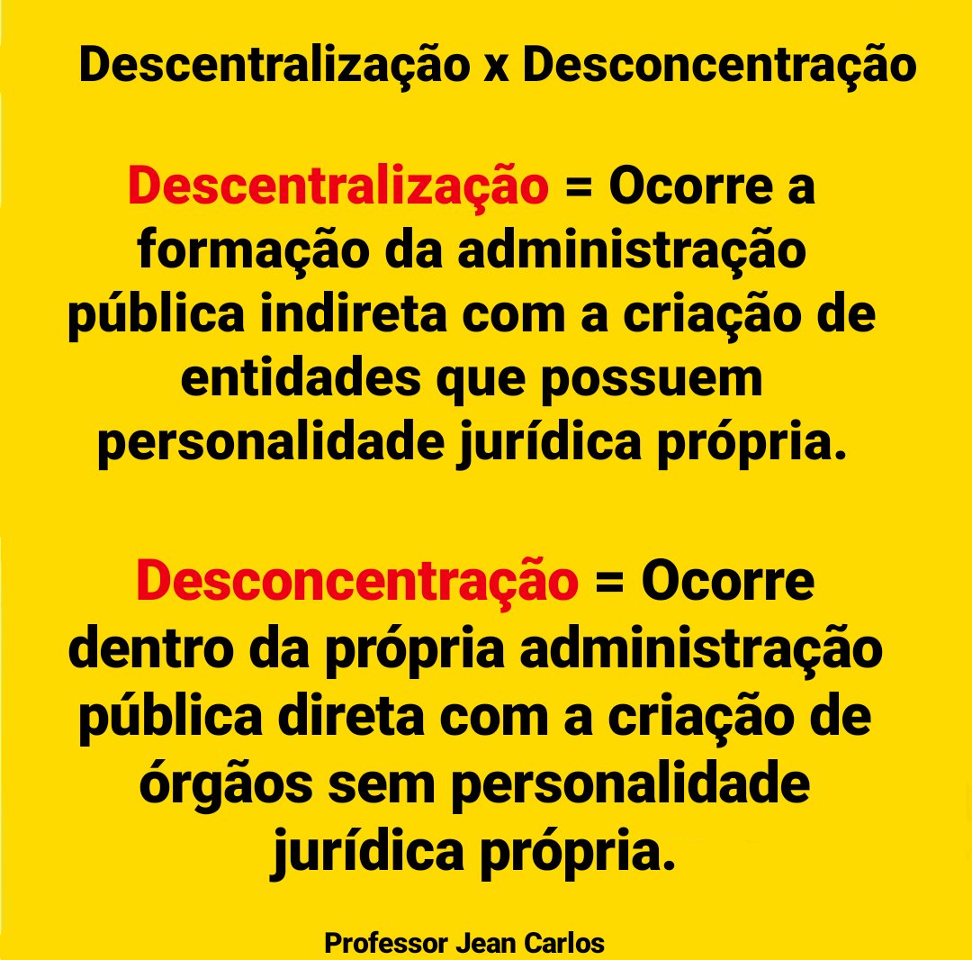 ProfJeanCarlos's tweet photo. Diferença básica entre Descentralização e Desconcentração na Administração Pública.

#concurso #concurseiro #concurseira #estudar #direito #direitoadministrativo #servidorpublico #professor #focusconcursos #cargopublico https://t.co/EmN1bOhtIy
