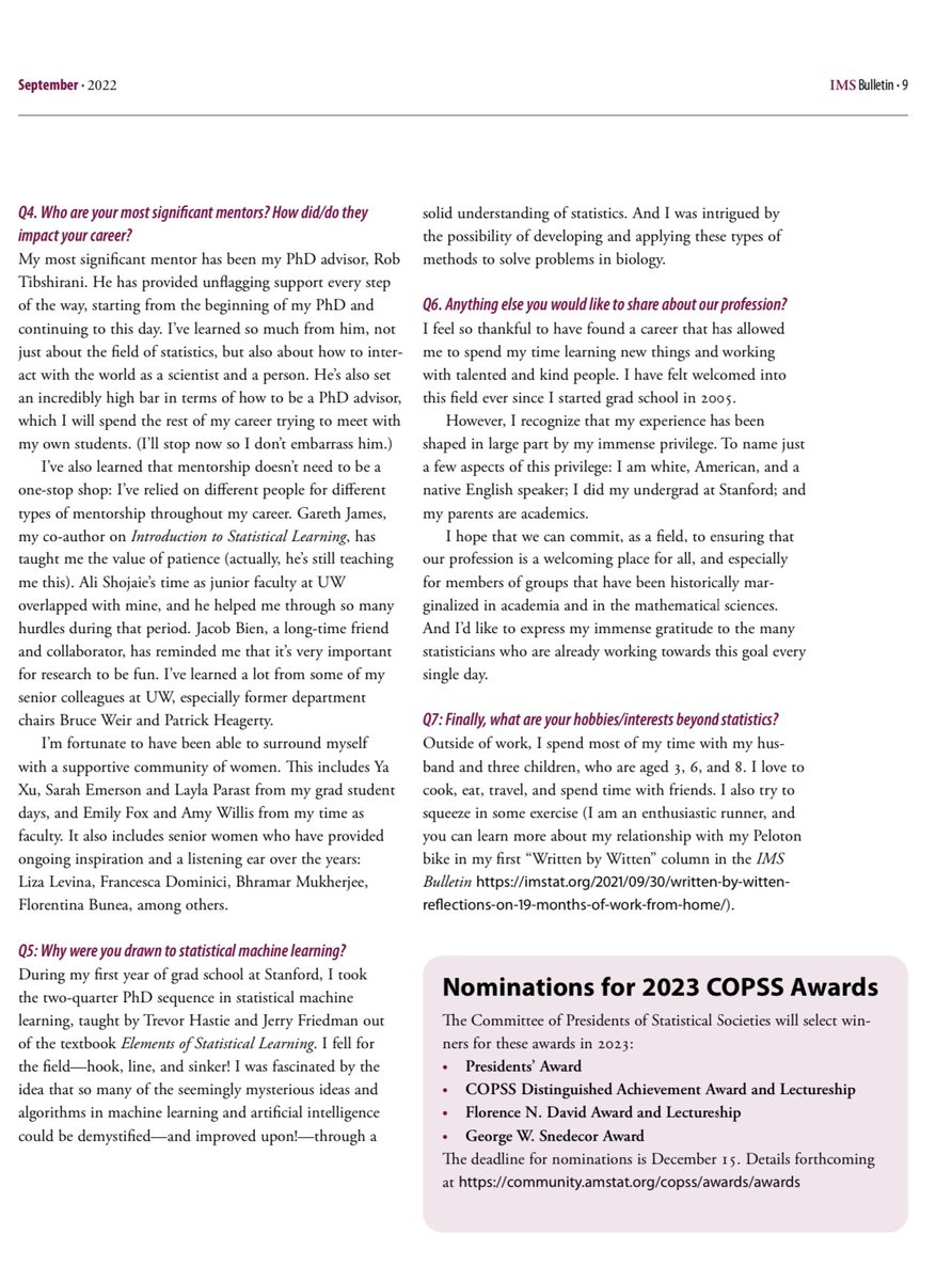 My COPSS interview in <a href="/AmstatNews/">ASA</a> <a href="/InstMathStat/">IMS</a> with shout outs to <a href="/robtibshirani/">rob tibshirani</a> <a href="/GarethMJam/">Gareth James</a> <a href="/HastieTrevor/">trevor hastie</a> <a href="/mslaylap/">Rocky B</a> <a href="/BhramarBioStat/">Bhramar Mukherjee</a> <a href="/francescadomin8/">francesca dominici</a> <a href="/AmyDWillis/">Amy Willis 😻 amydwillis.bsky.social</a> @uwstat <a href="/UWBiostat/">UW Biostatistics</a> and others not on twitter